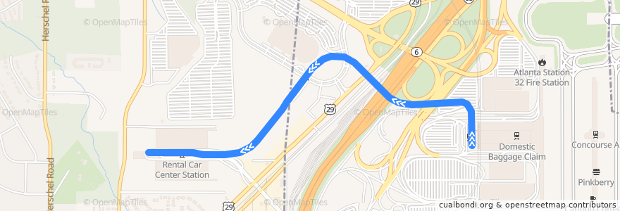 Mapa del recorrido ATL SkyTrain: Aeroport → Rental Car Center de la línea  en College Park.