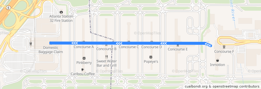 Mapa del recorrido The Plane Train: Domestic Baggage Claim → Concourse F de la línea  en Clayton County.