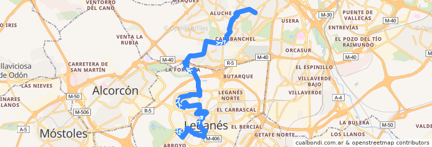 Mapa del recorrido Bus 486: Leganés (Valdepelayo) - Madrid (Oporto) de la línea  en Comunidad de Madrid.