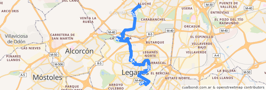 Mapa del recorrido 483 Leganés (Vereda de los Estudiantes) - Madrid (Aluche) de la línea  en Comunidad de Madrid.