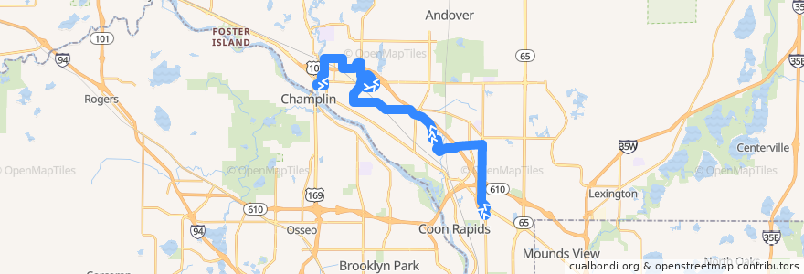 Mapa del recorrido Metro Transit 805 (northbound) de la línea  en Anoka County.