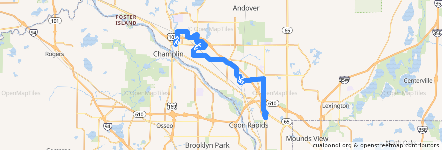 Mapa del recorrido Metro Transit 805 (southbound) de la línea  en Anoka County.