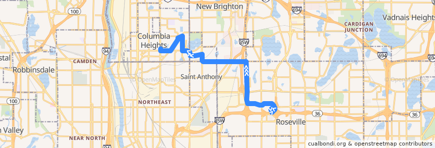 Mapa del recorrido Metro Transit 801C (westbound) de la línea  en Minnesota.