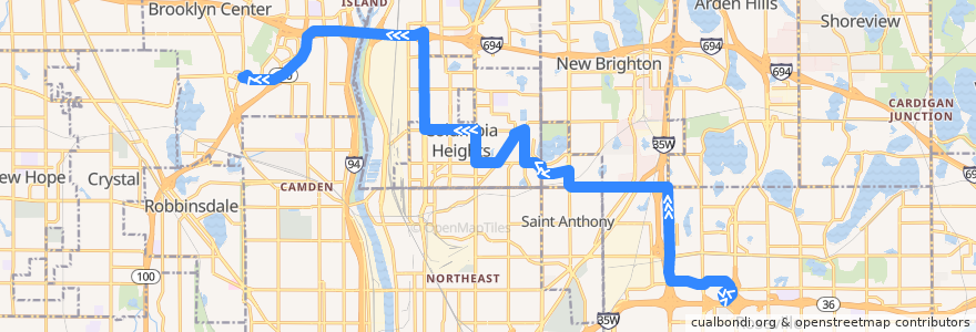 Mapa del recorrido Metro Transit 801D (westbound) de la línea  en Minnesota.