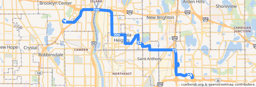 Mapa del recorrido Metro Transit 801A (eastbound) de la línea  en Minnesota.