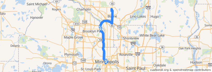 Mapa del recorrido Metro Transit 865 (northbound) de la línea  en Minnesota.