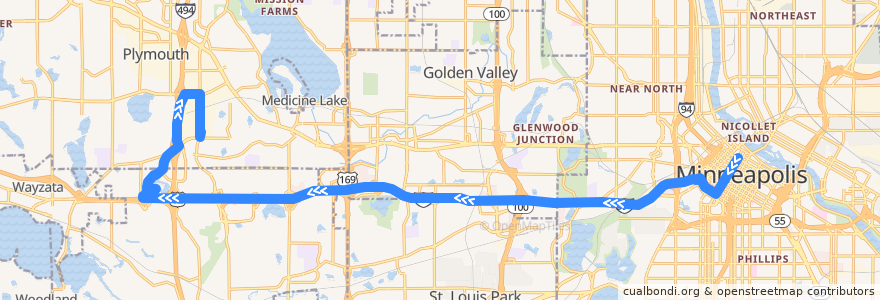 Mapa del recorrido Plymouth Metrolink 747 (westbound) de la línea  en Hennepin County.