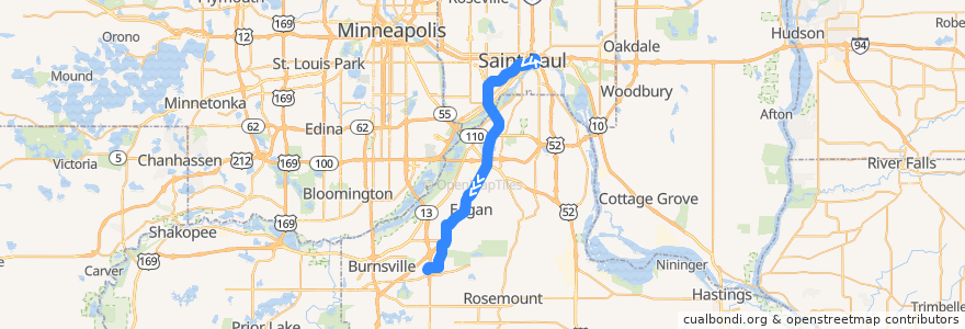 Mapa del recorrido MVTA 480P (southbound) de la línea  en Minnesota.
