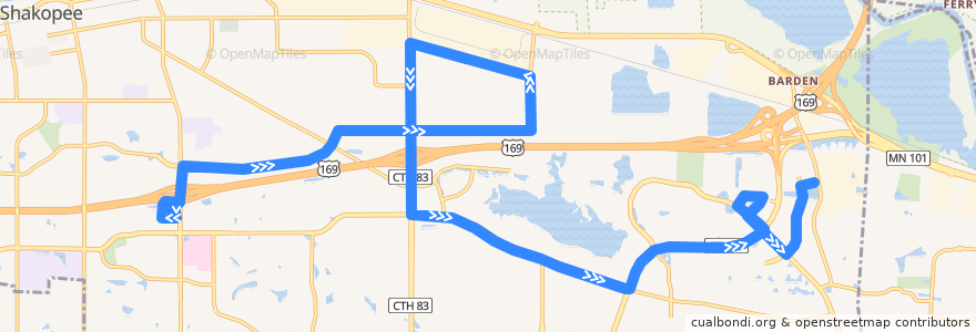 Mapa del recorrido MVTA 499 (eastbound) de la línea  en Shakopee.