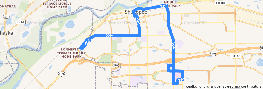 Mapa del recorrido MVTA 497 (eastbound) de la línea  en Shakopee.