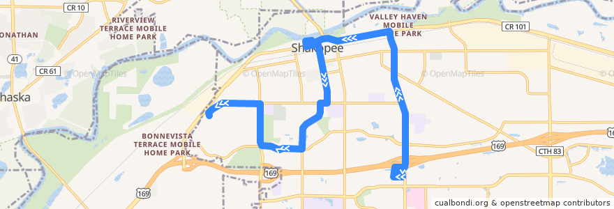 Mapa del recorrido MVTA 497 (westbound) de la línea  en Shakopee.