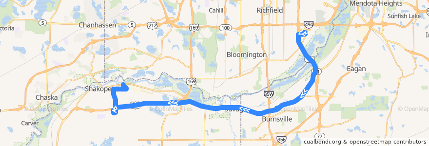 Mapa del recorrido MVTA 495A (westbound) de la línea  en Minnesota.