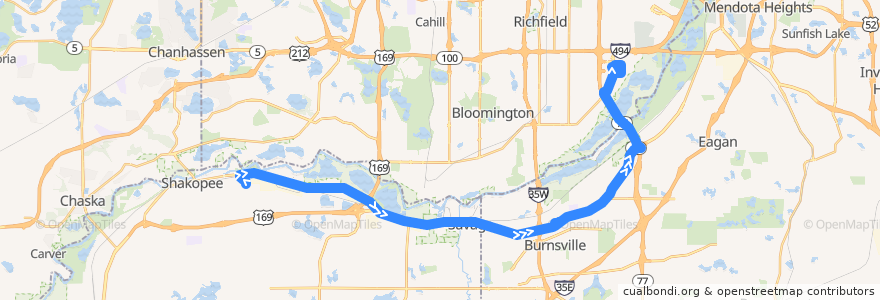 Mapa del recorrido MVTA 495A (eastbound) de la línea  en Minnesota.
