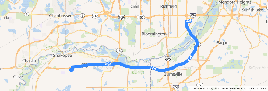Mapa del recorrido MVTA 495 (westbound) de la línea  en Minnesota.