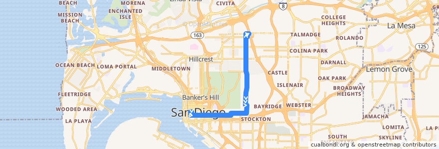 Mapa del recorrido MTS 2 de la línea  en San Diego.