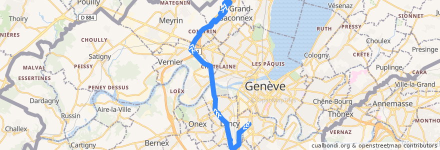 Mapa del recorrido Bus 23 (TOSA): Carouge-Tours → Aéroport-P47 de la línea  en جنيف.