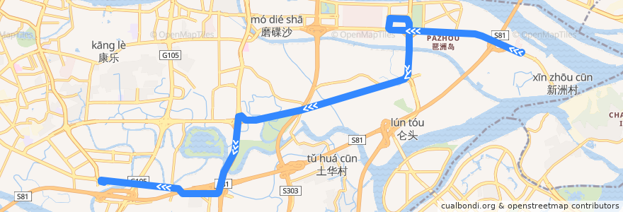 Mapa del recorrido 762路(黄埔古村总站-海珠客运站总站) de la línea  en Haizhu District.