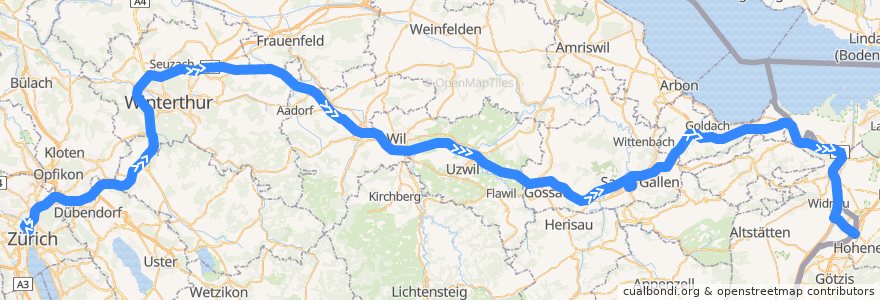 Mapa del recorrido Flixbus X06: Zürich HB (Carpark Sihlquai) => München ZOB de la línea  en Suíça.