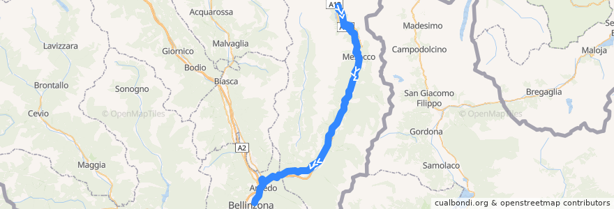 Mapa del recorrido Bus 214: San Bernardino => Bellinzona de la línea  en Schweiz/Suisse/Svizzera/Svizra.