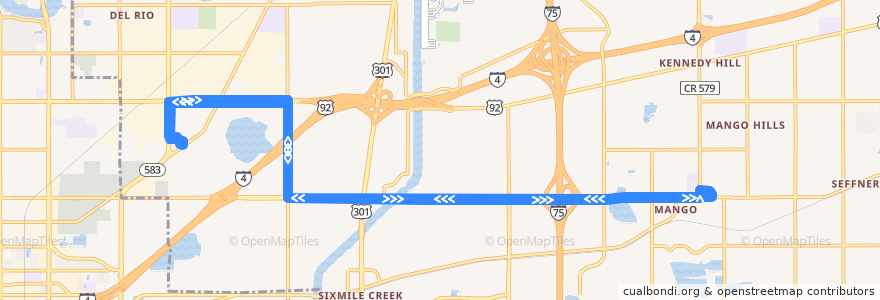 Mapa del recorrido HART route 38 de la línea  en Hillsborough County.