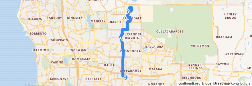 Mapa del recorrido 376FL Mirrabooka Bus Station → Landsdale de la línea  en 西澳大利亚州.