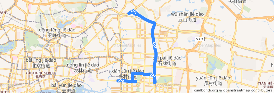 Mapa del recorrido 778路(五羊新城总站-广州东站汽车站总站) de la línea  en Tianhe.