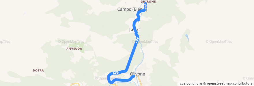 Mapa del recorrido Bus 135: Olivone–Campo (Blenio)–Ghirone de la línea  en Circolo d'Olivone.