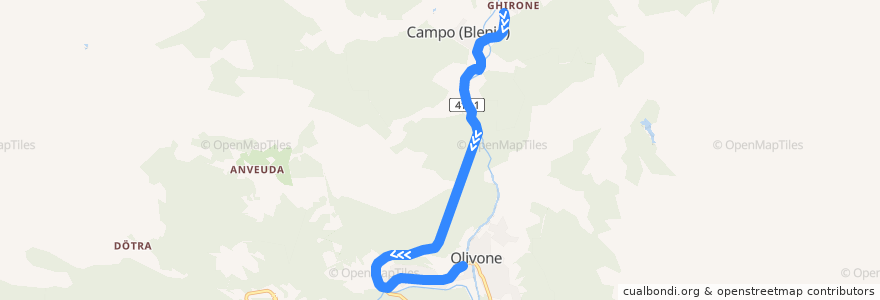 Mapa del recorrido Bus 135: Ghirone–Campo (Blenio)–Olivone de la línea  en Blenio.