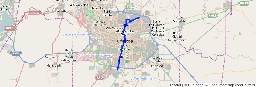 Mapa del recorrido 9 de la línea R (Rojo) en Municipio de Córdoba.