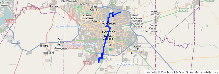 Mapa del recorrido 9 de la línea R (Rojo) en Córdoba.