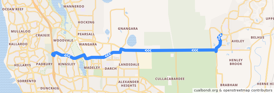 Mapa del recorrido Bus 355: Ellenbrook Town Centre → Whitfords Station de la línea  en Western Australia.