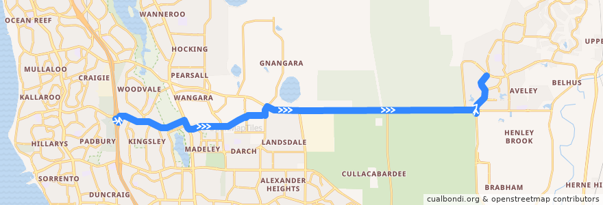 Mapa del recorrido Bus 355: Whitfords Station → Ellenbrook Town Centre de la línea  en Western Australia.