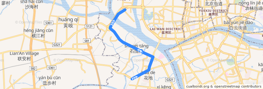 Mapa del recorrido 783路环线上半环[茶滘路总站-大坦沙(市一中)] de la línea  en Liwan.