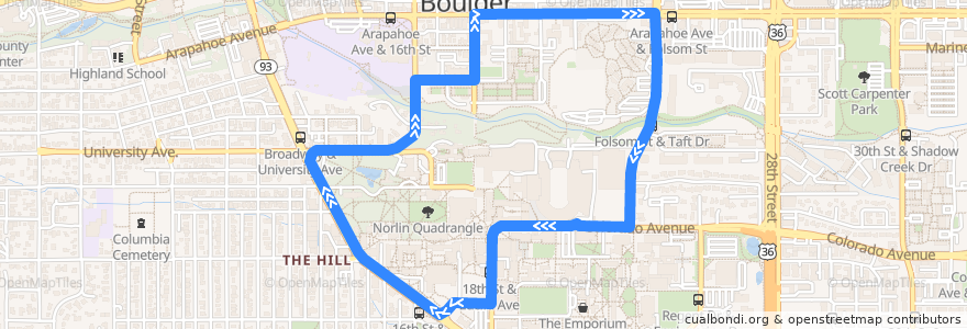 Mapa del recorrido Buff Bus Athens North de la línea  en Boulder.