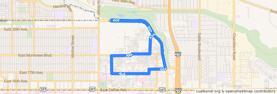 Mapa del recorrido CU Anschutz Medical Campus Rail Shuttle de la línea  en Aurora.