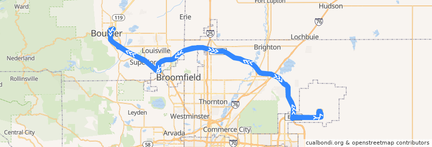 Mapa del recorrido RTD Route AB2: Boulder Junction / Denver Airport de la línea  en コロラド州.