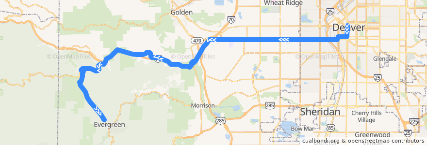 Mapa del recorrido Bus EV Evergreen/Denver → Evergreen Park-n-Ride de la línea  en Jefferson County.