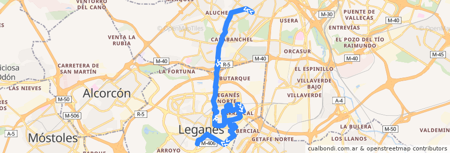 Mapa del recorrido Bus 481: Madrid (Oporto) - Leganés (Hospital) de la línea  en Comunidad de Madrid.