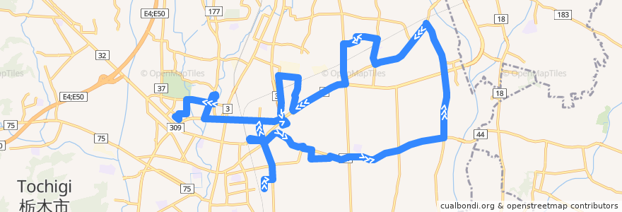 Mapa del recorrido 栃木市ふれあいバス大宮国府線南回り 保健福祉センター⇒惣社東工業団地⇒メディカルとちのき・イオン de la línea  en 栃木市.