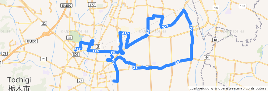 Mapa del recorrido 栃木市ふれあいバス大宮国府線北回り イオン・メディカルとちのき⇒惣社東工業団地⇒保健福祉センター de la línea  en 栃木市.