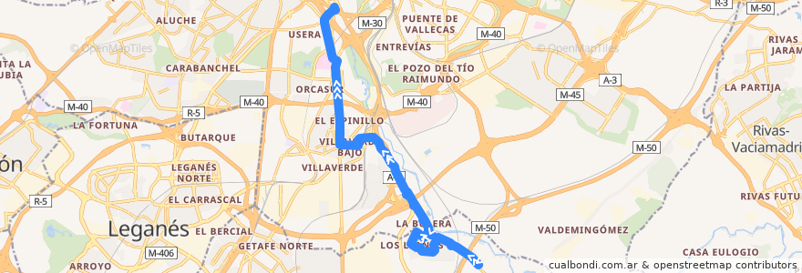 Mapa del recorrido Bus 411: Perales del Río - Madrid (Legazpi) de la línea  en Comunidade de Madrid.