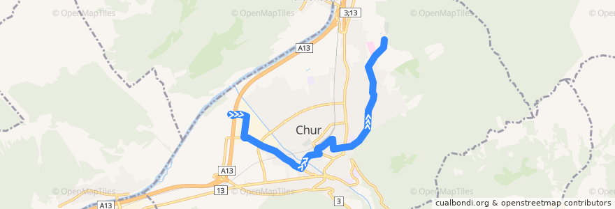 Mapa del recorrido 2: Obere Au - Fürstenwald de la línea  en Chur.