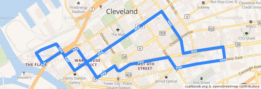 Mapa del recorrido RTA C-Line Trolley de la línea  en Cleveland.