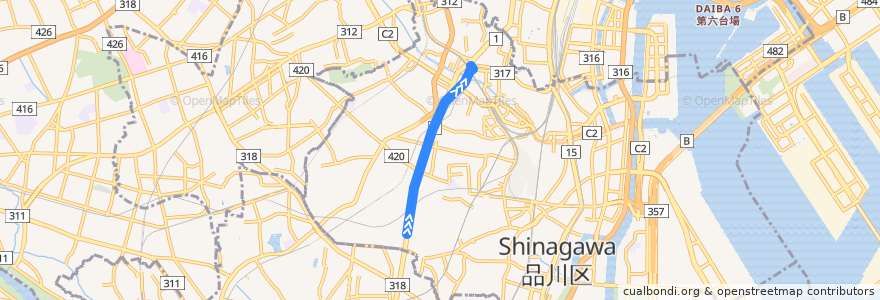 Mapa del recorrido 五反田線【東急バス反０１系統＜＃Ｂ往路＞荏原営業所⇒五反田駅 de la línea  en Shinagawa.