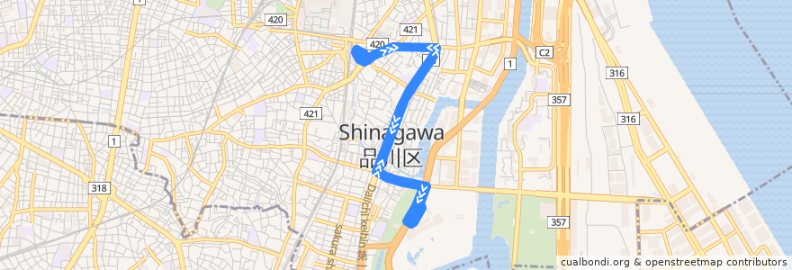 Mapa del recorrido 競馬場線【井２０系統】大井町駅東口⇔大井競馬場 de la línea  en Shinagawa.