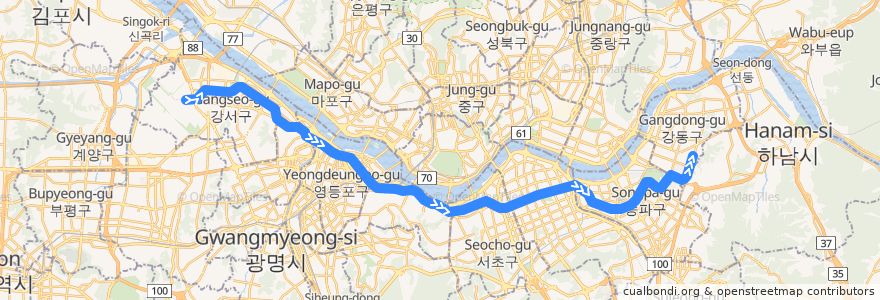 Mapa del recorrido 서울 지하철 9호선 급행: 김포공항 → 중앙보훈병원 de la línea  en سئول.