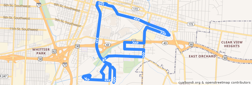 Mapa del recorrido SARTA 110 Downtown Canton/Warner/Sherrick de la línea  en Canton.