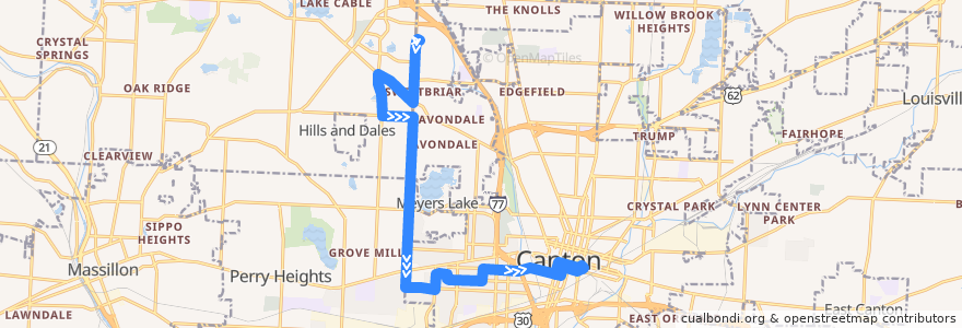 Mapa del recorrido SARTA 106 Downtown Canton/Meyers Lake Plaza/Belden Village de la línea  en Stark County.