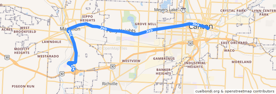 Mapa del recorrido SARTA 152 West Late Night Loop de la línea  en Stark County.