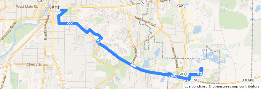 Mapa del recorrido Bus 57: Dix Stadium -> C Summit East Parking -> KSU Student Center -> Bowman Hall -> Kent Central Gateway de la línea  en Kent.